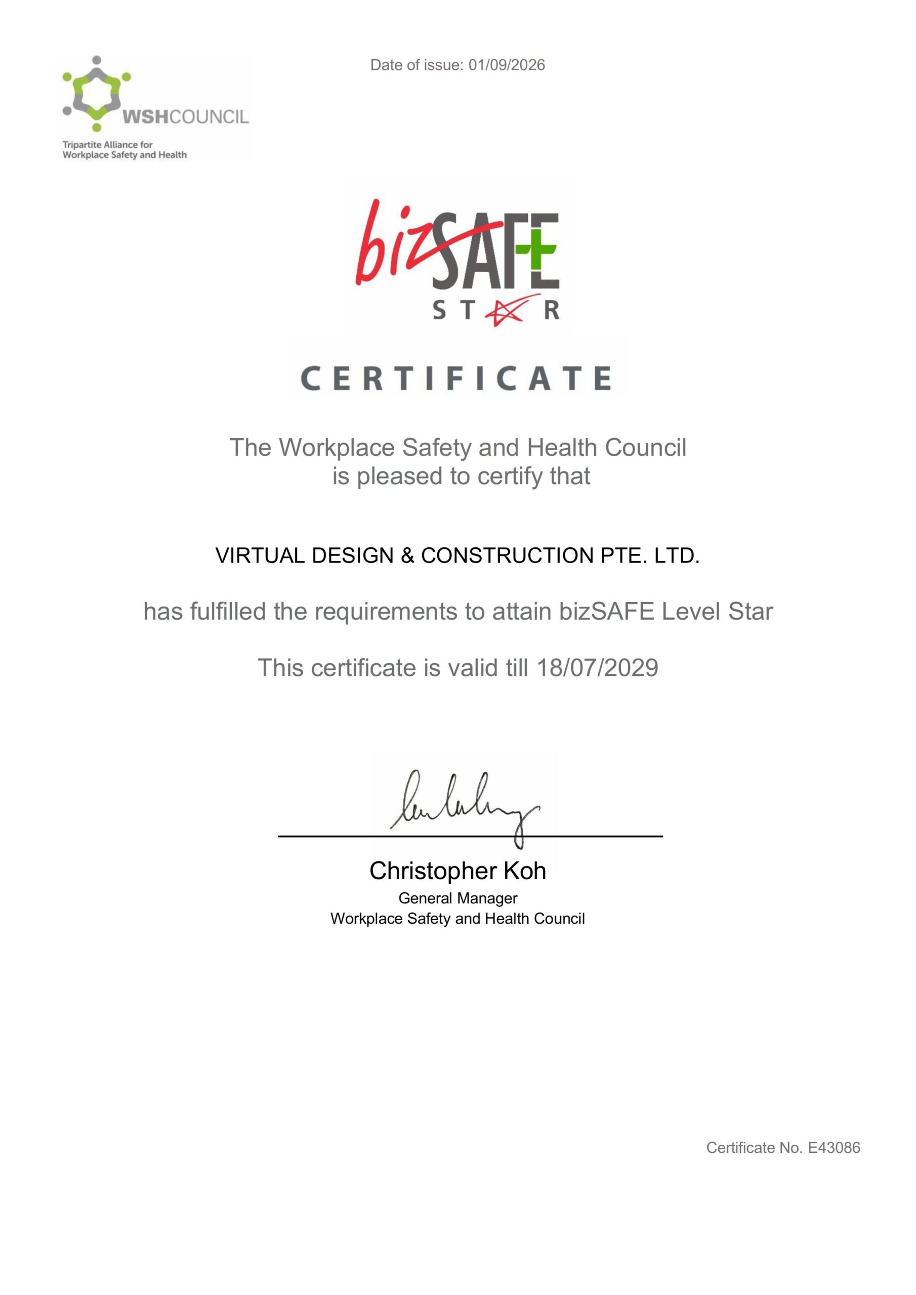 bizSAFE STAR Certificate - Workplace Safety and Health Council (Singapore)