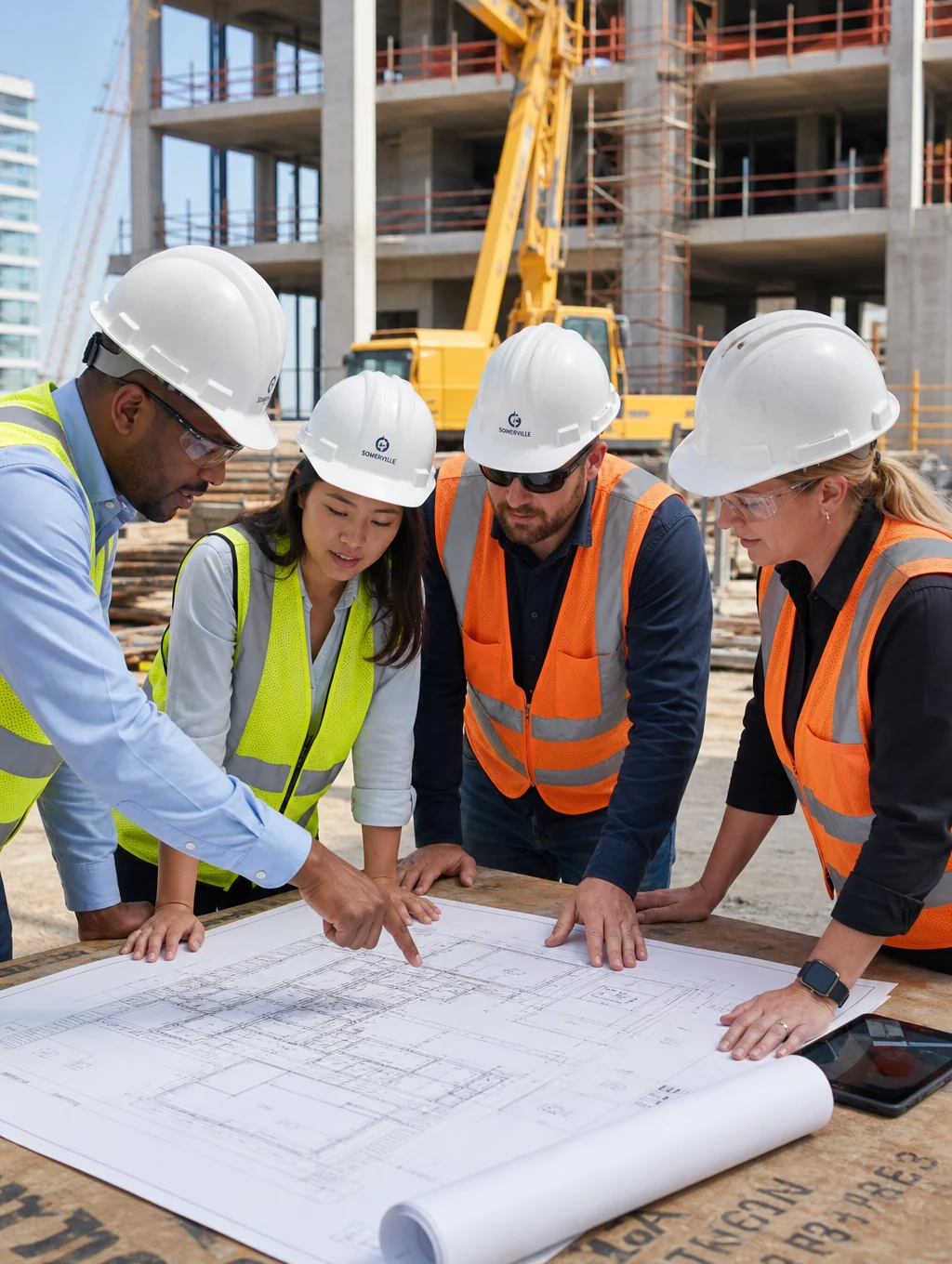 On-site engineering team examining structural fabrication drawings in Singapore