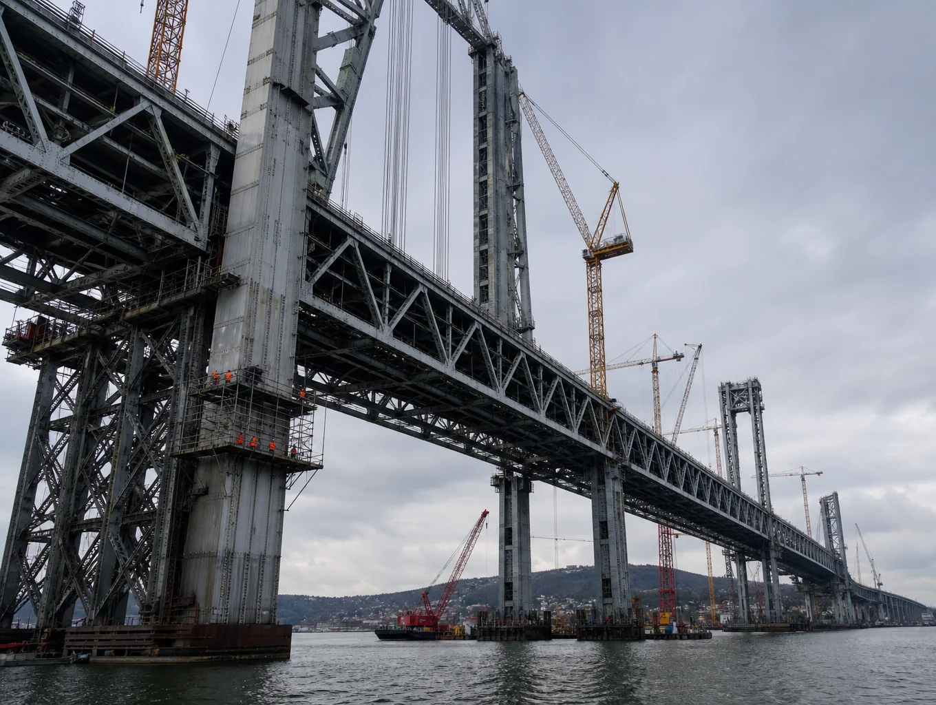 Overhead link bridge connecting two industrial building towers