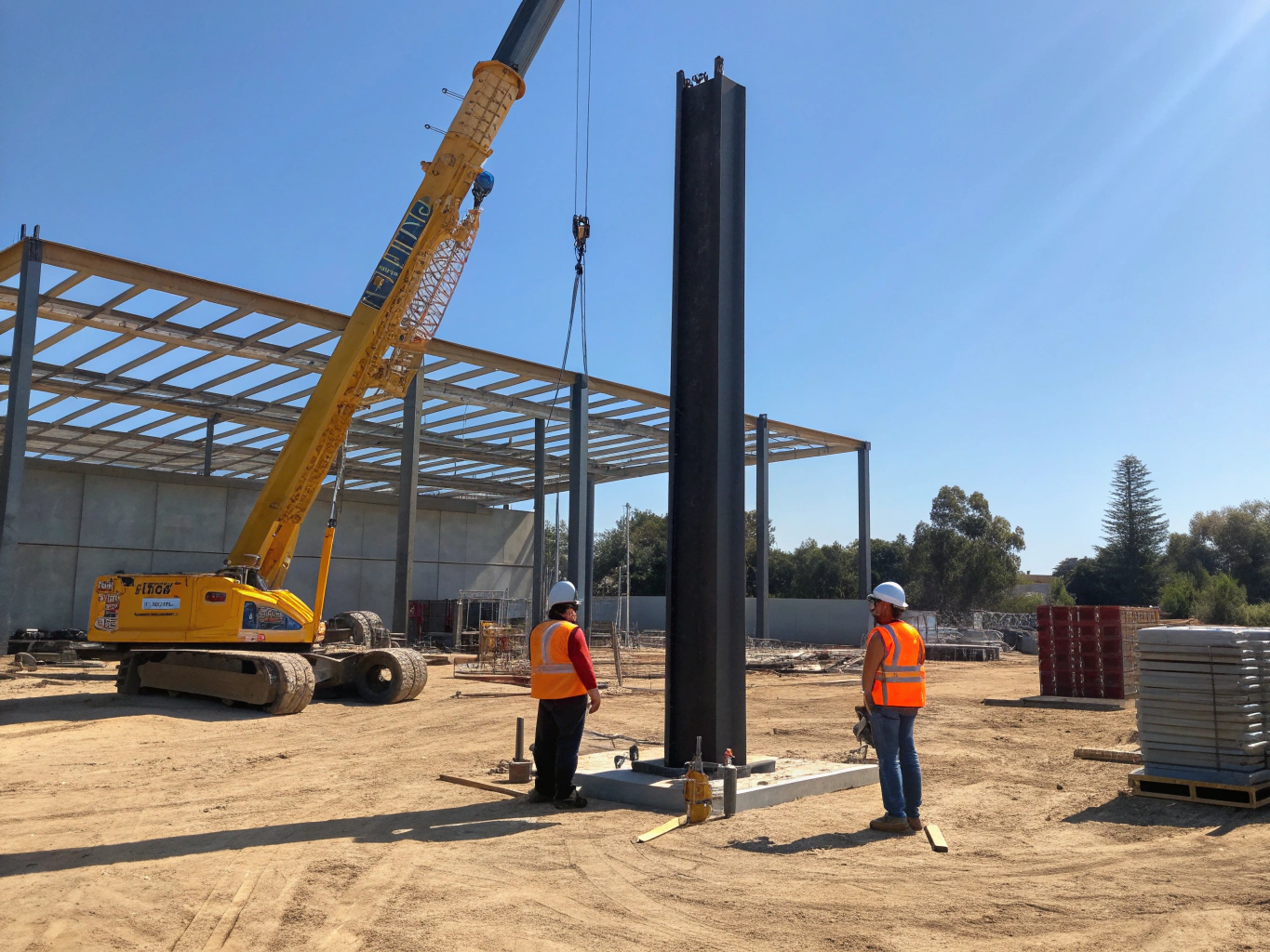 Industrial structural steel beams and columns during site installation