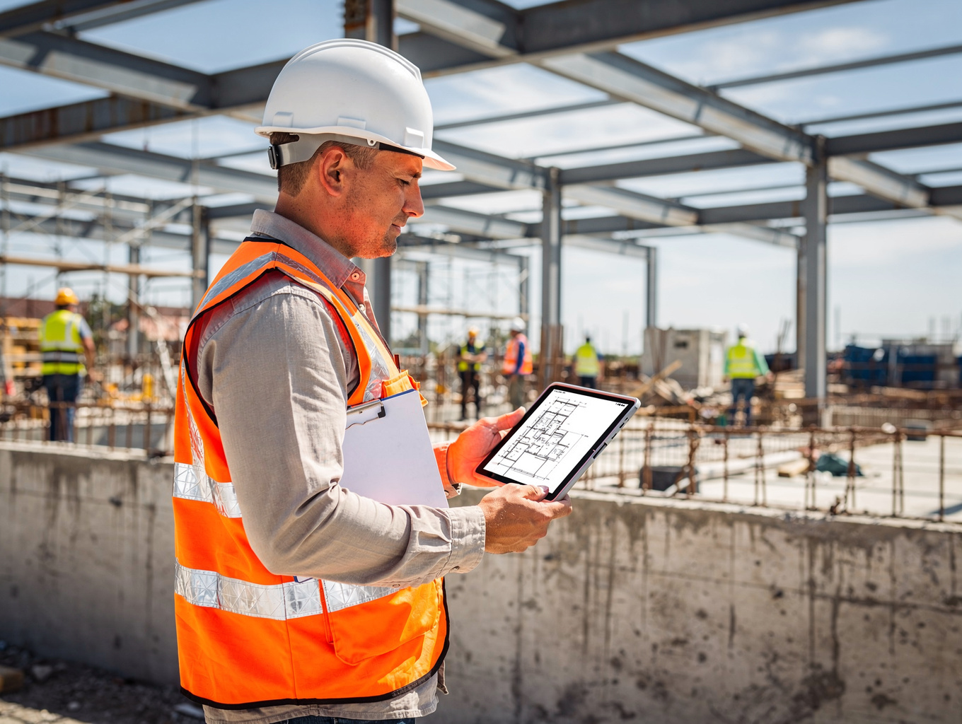 Certified safety supervisor inspecting structural steel welding joints and fall-arrest netting on a Singapore site