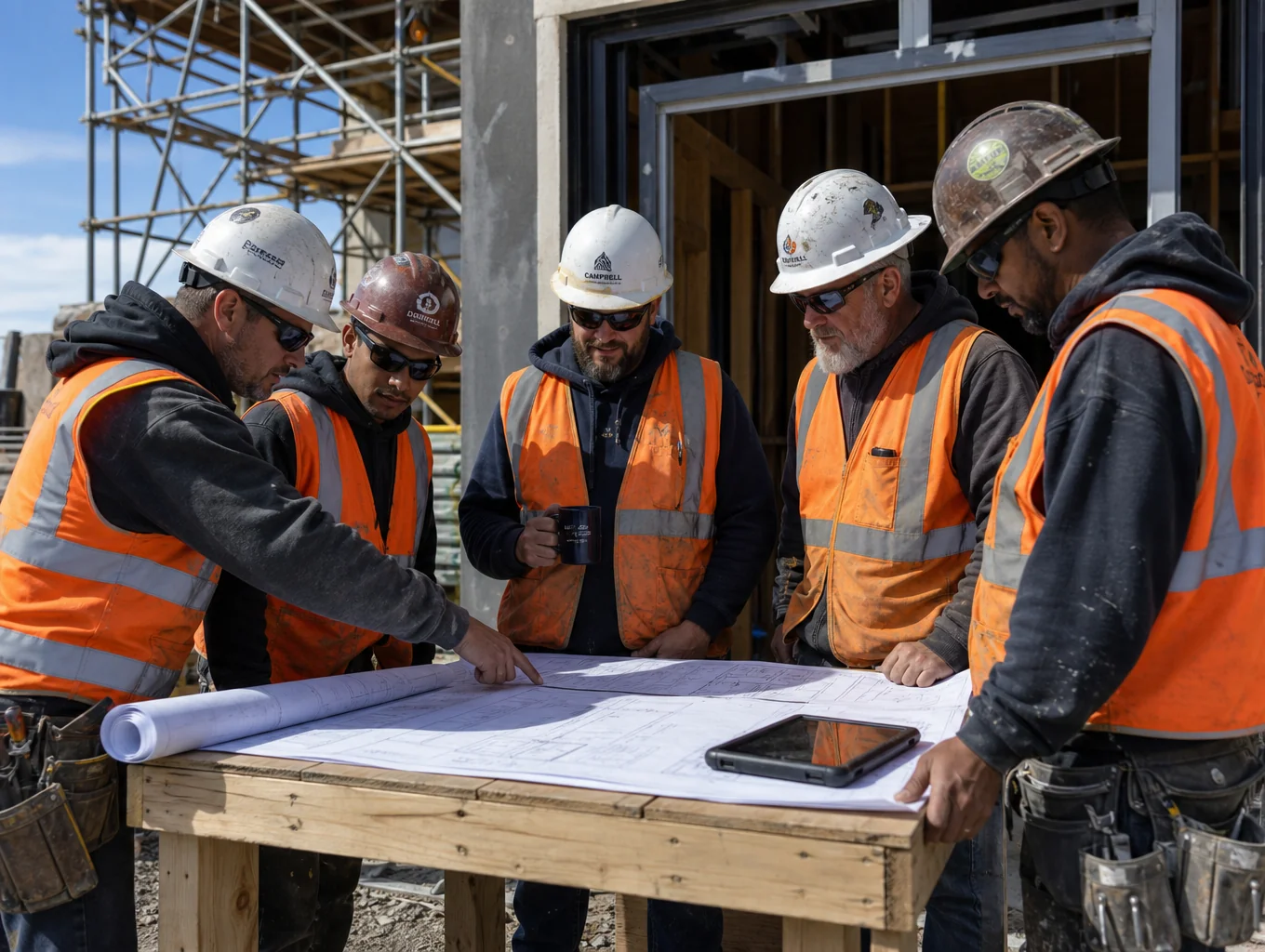 Project engineers and trade supervisors in high-vis vests and hardhats conducting a pre-commencement safety briefing in a Singapore site office