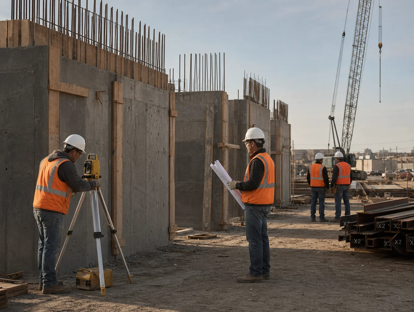 Resident engineers and safety supervisors conducting structural drawing audit next to reinforced concrete columns