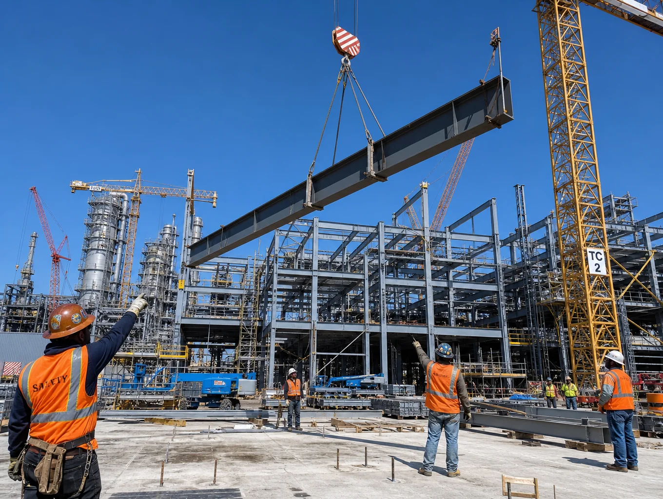 Structural steel fabrication and building framework under construction in Singapore